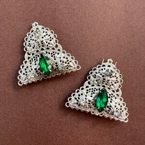 Vintage 1940s Emerald Rhinestone Dress Clips Silver Tone Filigree Fur Clips Pair